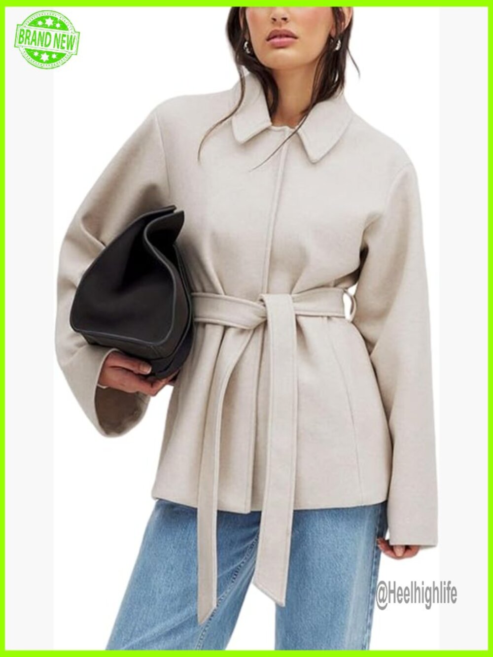 Wool Blend Short Peacoat Overcoat with Tie Belt Pockets